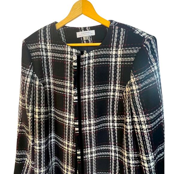 NWT Tahari Size 16W Open Front Tweed Fringe Long Jacket Coat Black White Plaid - Picture 2 of 9